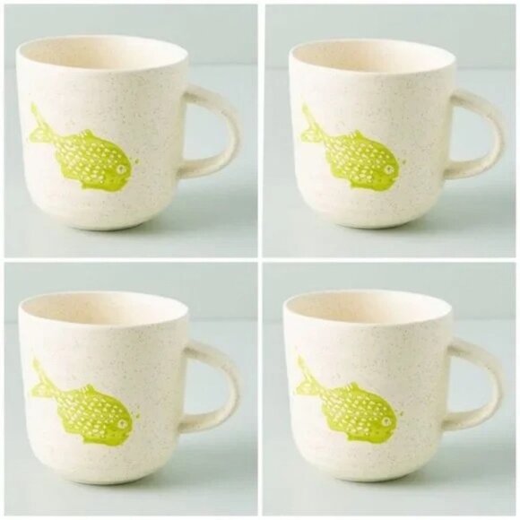 Anthropologie Set of 4 Ivory Beige Speckled Green Tetra Fish Ceramic Mugs - Picture 1 of 7